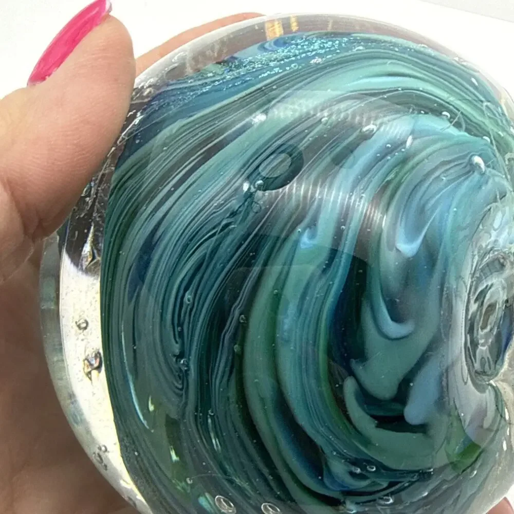 Signed Blue Green Swirl Art Glass Paperweight Control Bubbles Metallic Accents